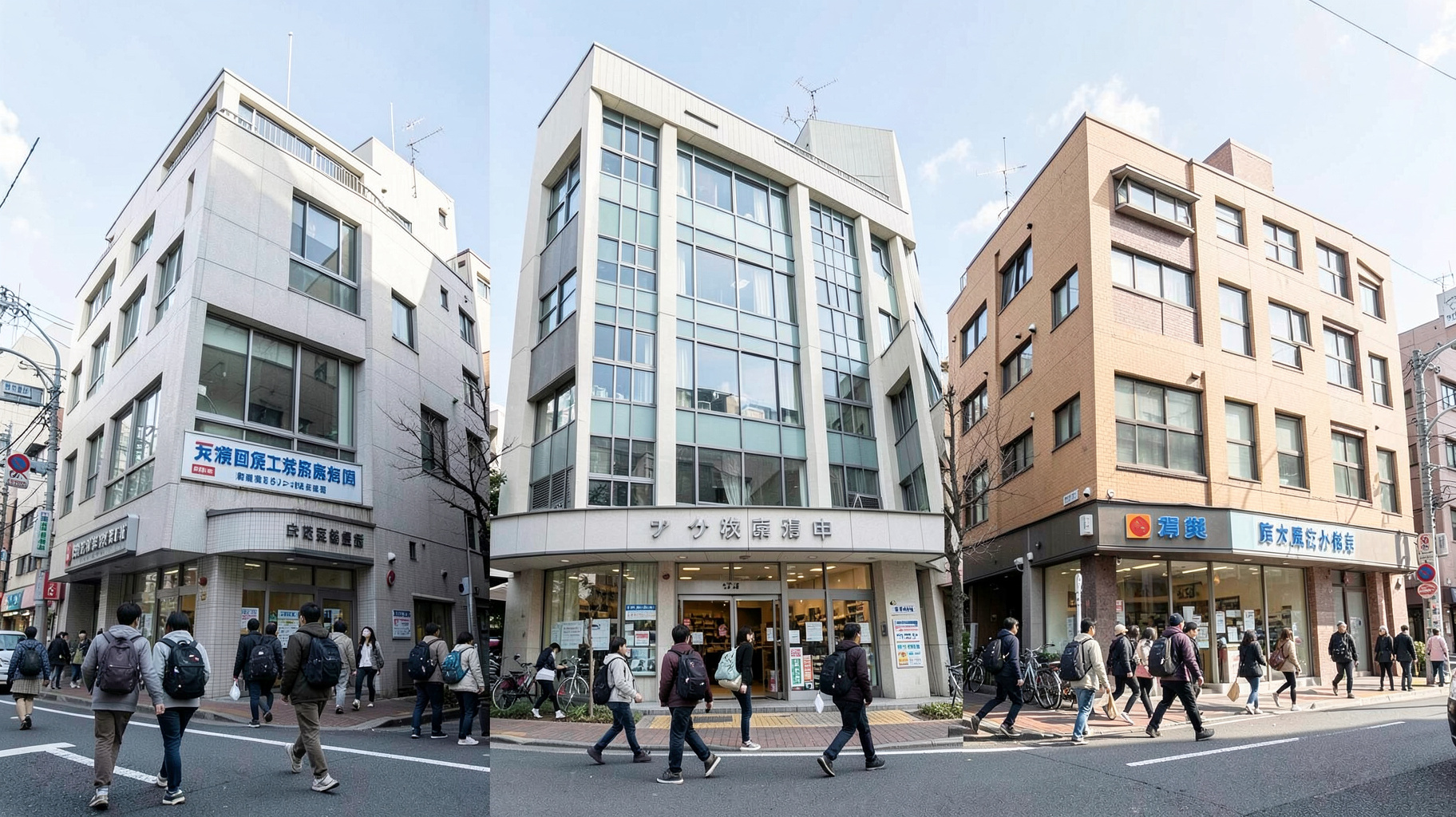 異なる外観の予備校の建物が立ち並ぶ街並みを歩く学生たち
