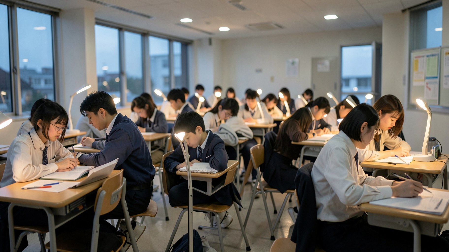 夕方の明るい自習室で静かに勉強する高校生たち