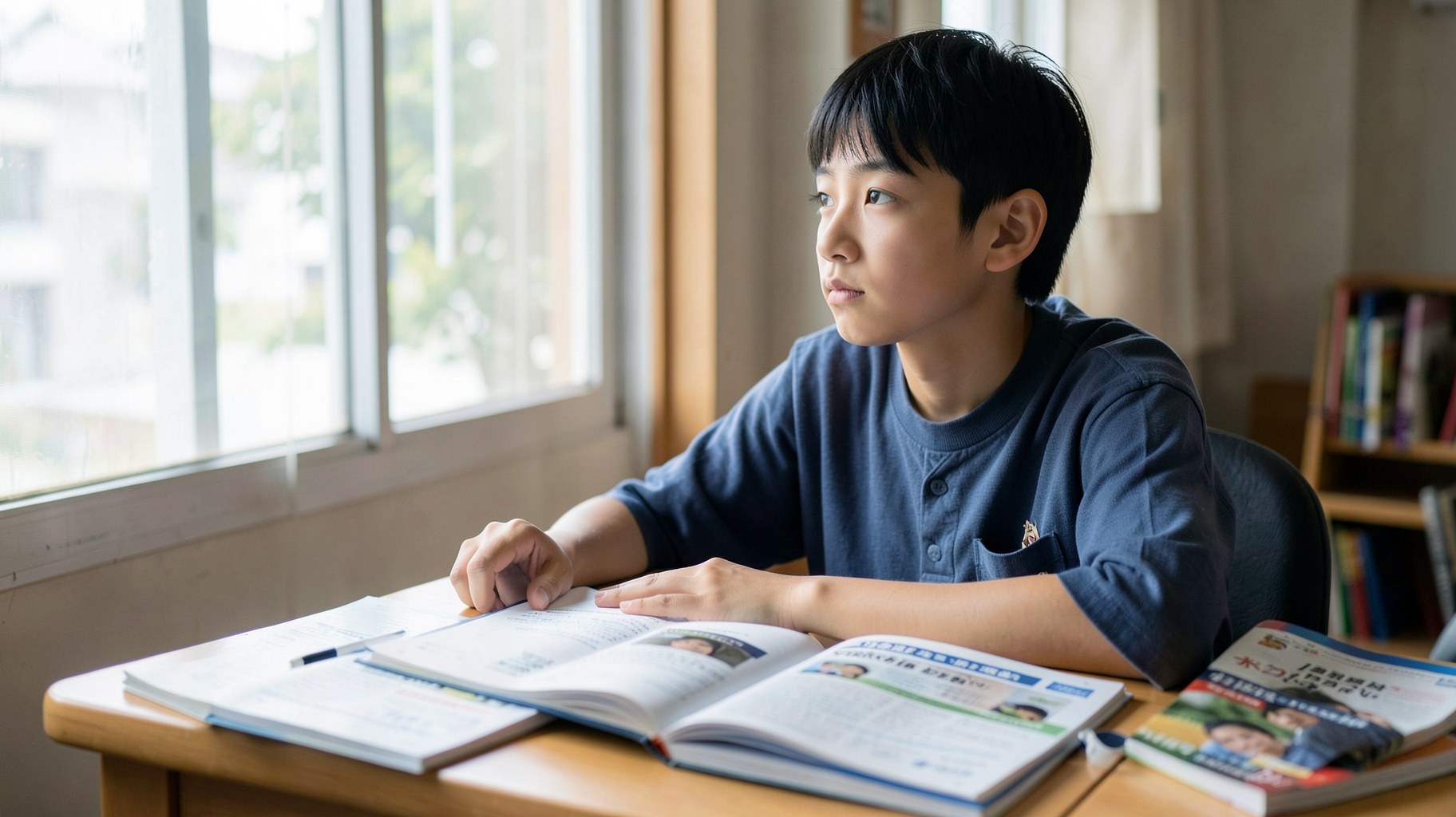 自宅の机で参考書や大学案内を前に考え込む高校生