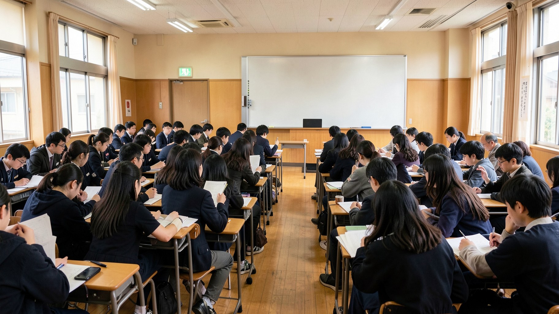 大人数の教室で講師の説明を聞きながらノートを取る受験生たち