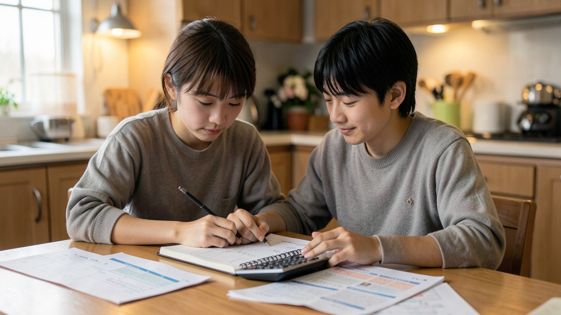 家計簿とノートを前に親子で相談する温かい家庭の様子