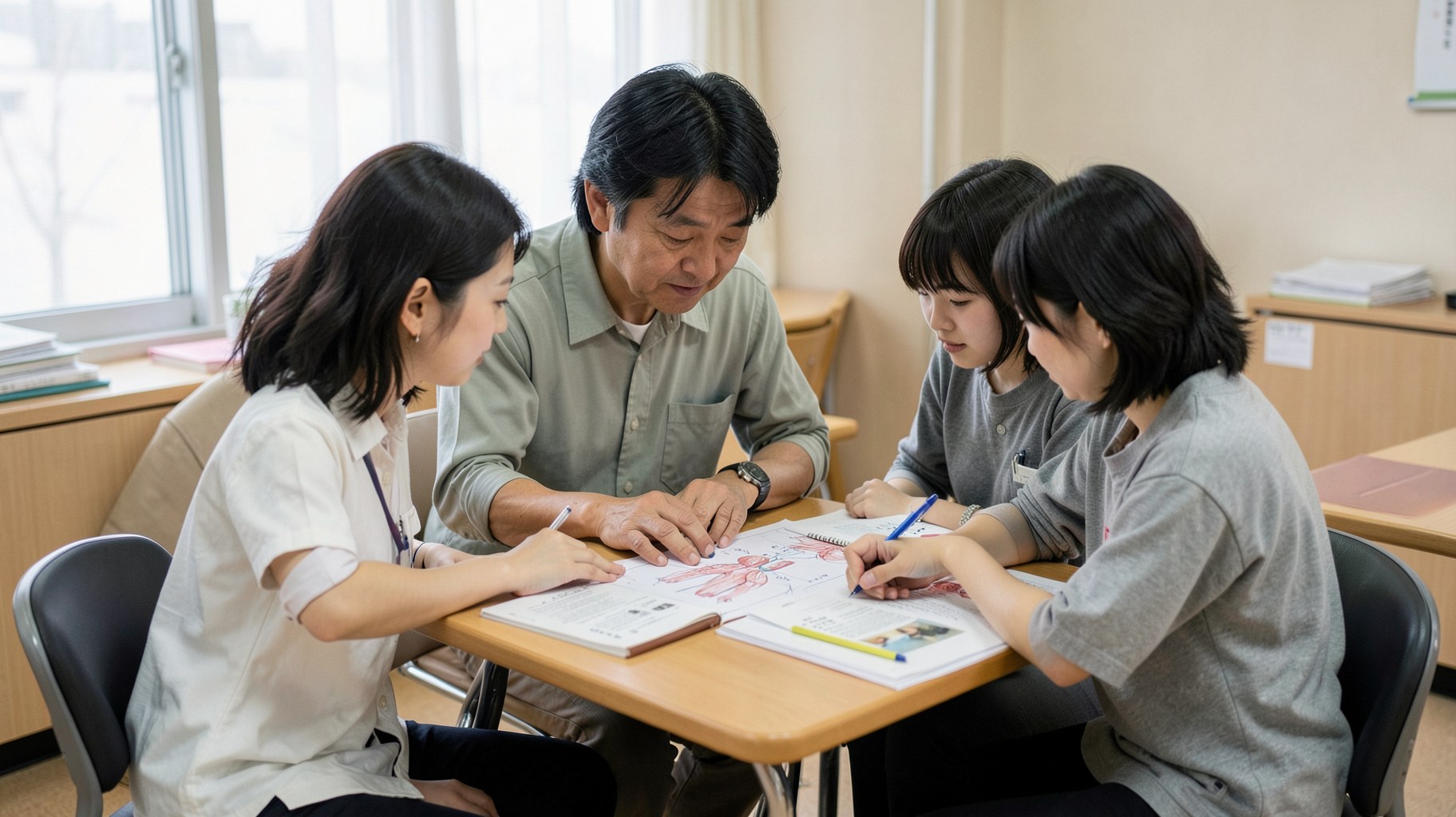 少人数の教室で講師が学生に寄り添って個別指導する様子