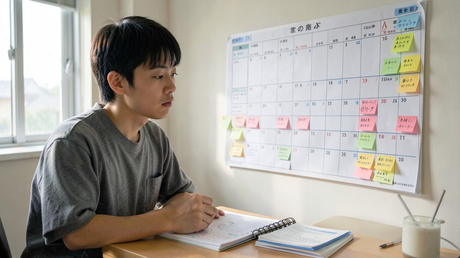 年間計画のカレンダーを前に学習スケジュールを立てる学生